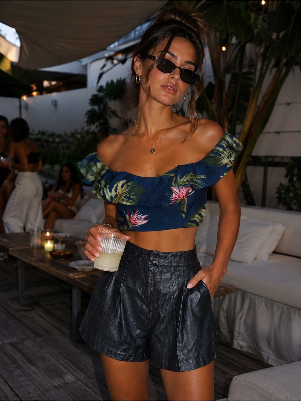 Windsor Navy Tropical Off-Shoulder Crop Top with Green Leaf Print